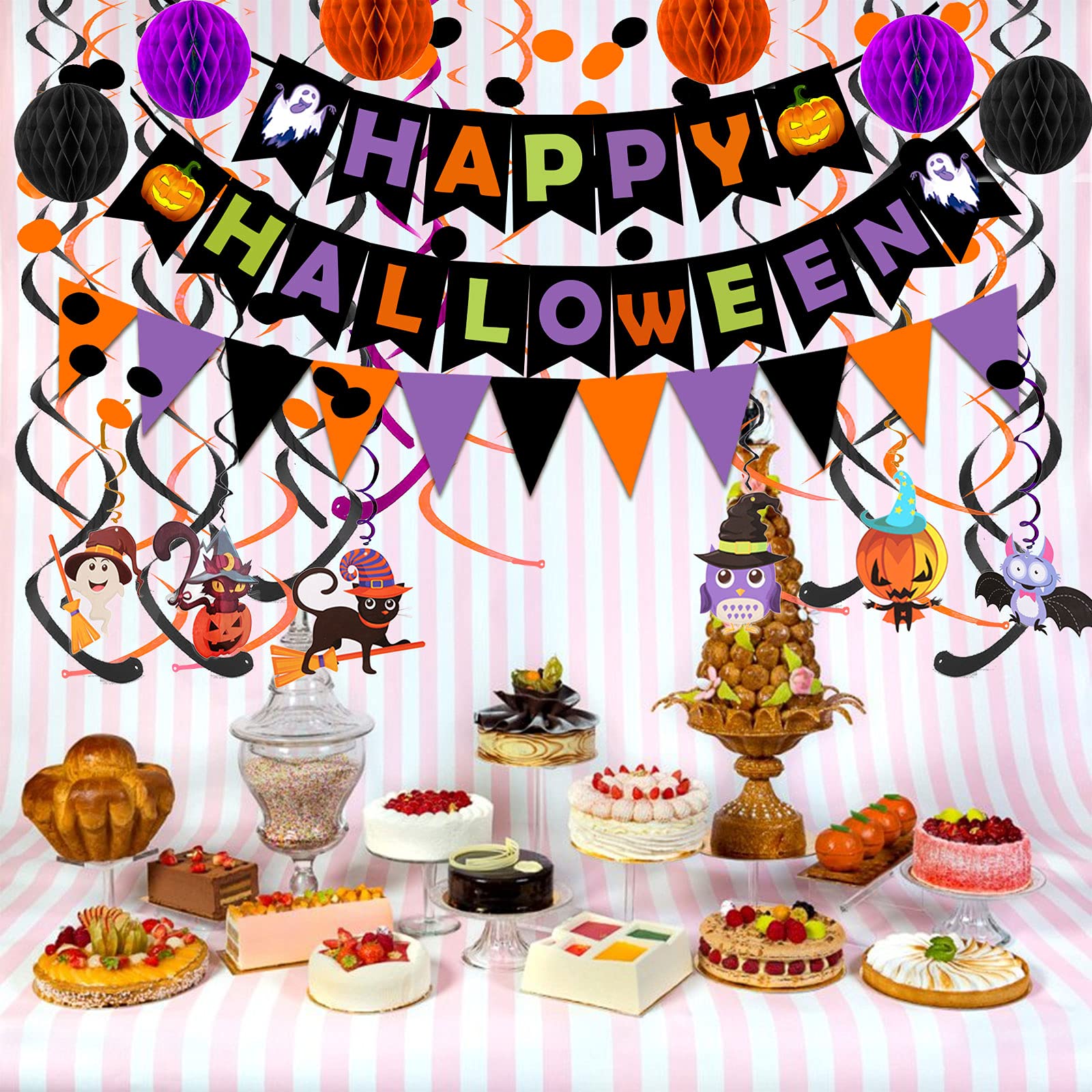 Halloween Party Decoration Set – Black, Orange & Purple Paper Banner Kit with Honeycomb Balls, Swirls & Garland