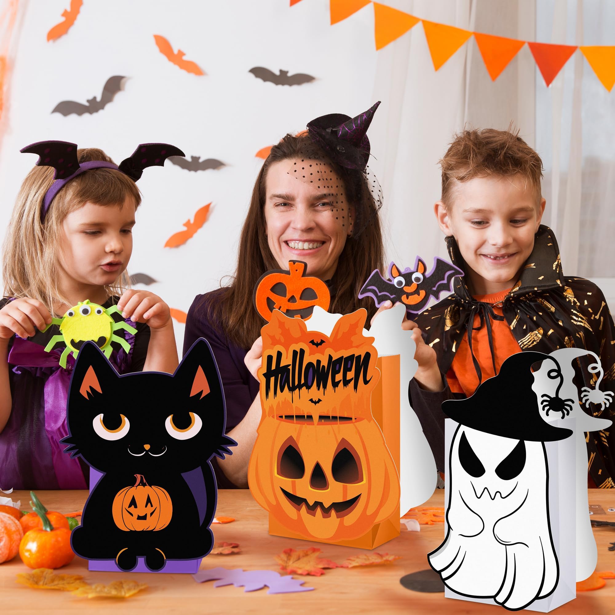 MIMIND 12 Pieces Halloween Party Favor Bags Gift Bags Pumpkin Ghost Black Cat, Stump of Oak Tree Halloween Treat Goodie Bag for Trick or Treat, Holiday Birthday Party Favors