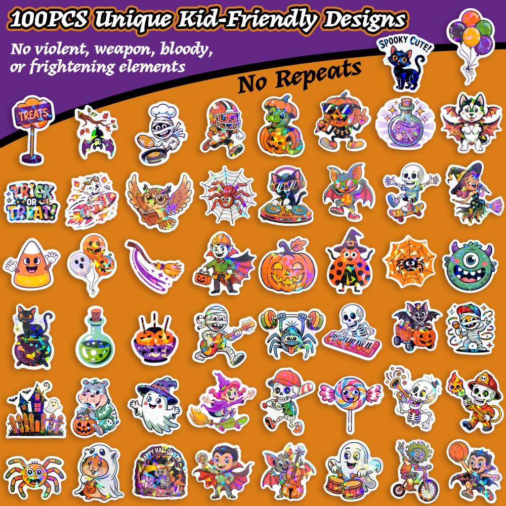 100PCS Halloween Stickers for Kids – Waterproof Vinyl Stickers with Cute Ghosts, Pumpkins & Monsters