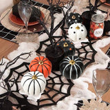 Hand-Painted Black & White Halloween Pumpkins Set – 6 Foam Decorative Pumpkins with Dots & Stripes