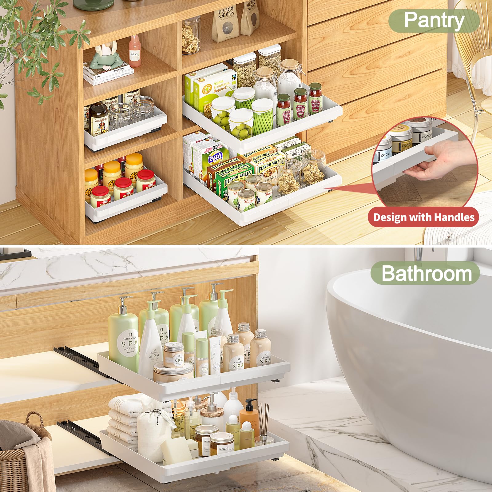 DOMNIU Expandable Pull-Out Cabinet Drawer Set – Adjustable Slide-Out Storage for Kitchen, Pantry & Under Sink (White, 4 Pack)