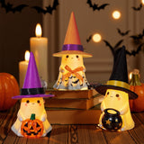 Set of 3 Ceramic Ghost Figurines with Colorful Hats – Cute Halloween Tabletop Decorations for Home, Mantel & Party