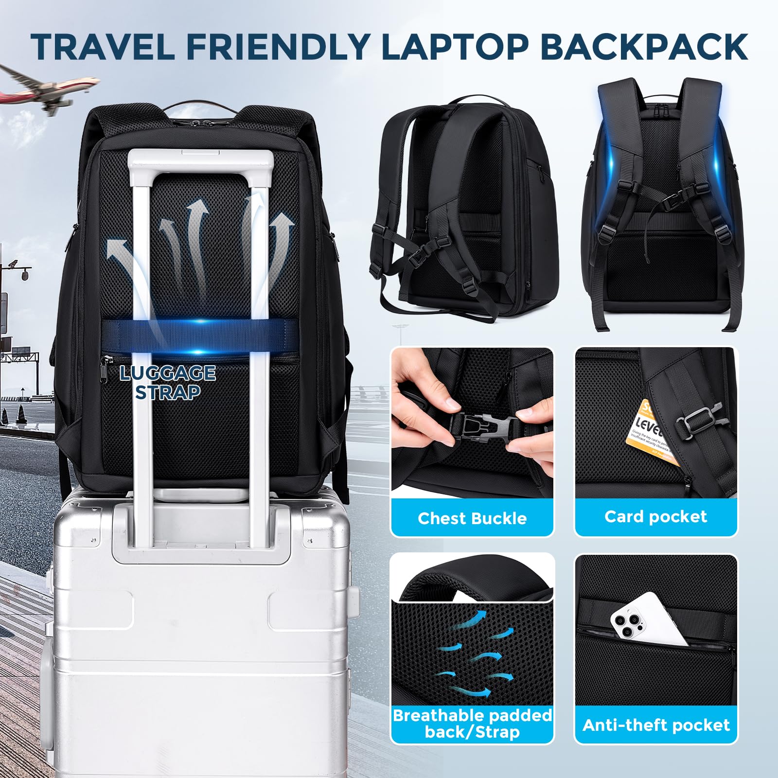 FENREE.GEER Expandable 45L Travel Laptop Backpack with Hardshell Design, USB Ports and 15.6” Laptop Compartment