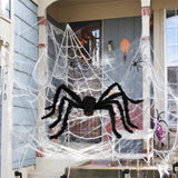 Giant Halloween Spider Web Decoration Set – 59" Hairy Spider + 200"x188" Triangular Web with Hooks & Stakes (Black & White)