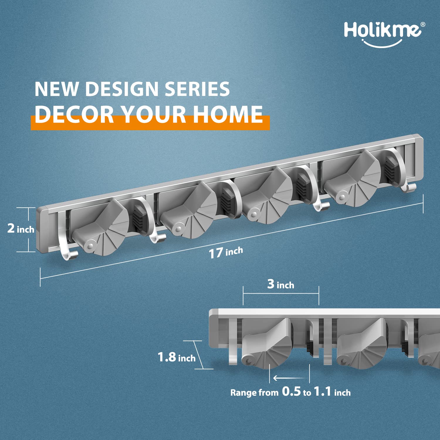 HOLIKME Wall-Mounted Mop & Broom Holder – Metal Tool Organizer with 4 Slots & 4 Hooks, No-Slip Design (Silver)