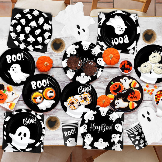 Black Ghost Halloween Tableware Set – 144 Pcs Disposable Plates, Cups, Napkins & Cutlery with Cute Boo Ghost Design for Party & Baby Shower