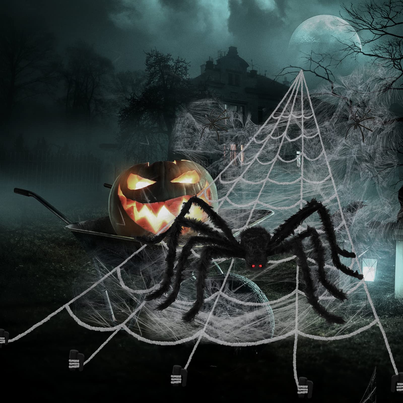Giant Halloween Spider Web Decoration Set – 59" Hairy Spider + 200"x188" Triangular Web with Hooks & Stakes (Black & White)