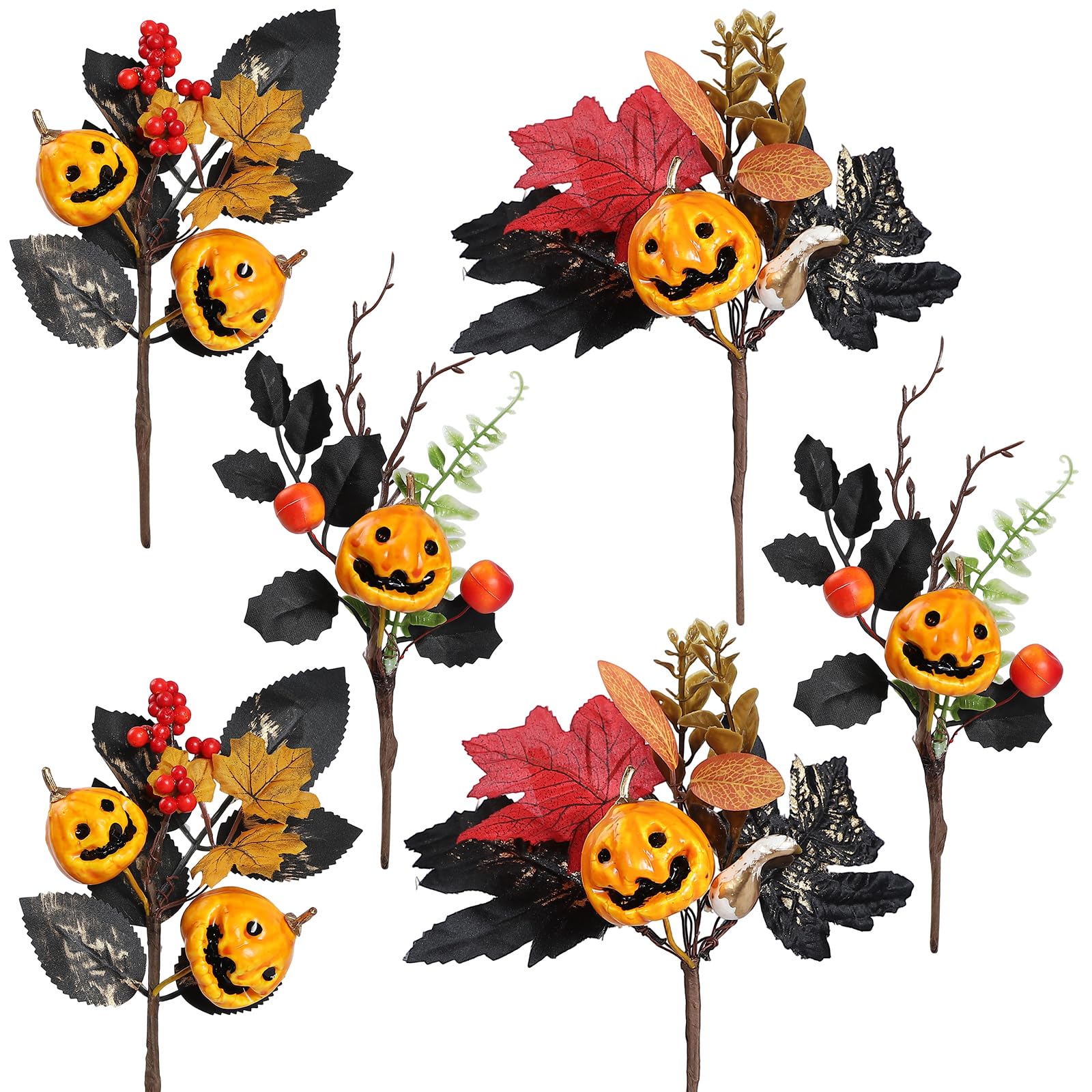 Lcuasc 6pcs Halloween Pumpkins Picks 9-10" Floral Picks with Grimace Pumpkin Berry Maple Leaves for Halloween Gothic Holidays Celebration Home Decor,Black
