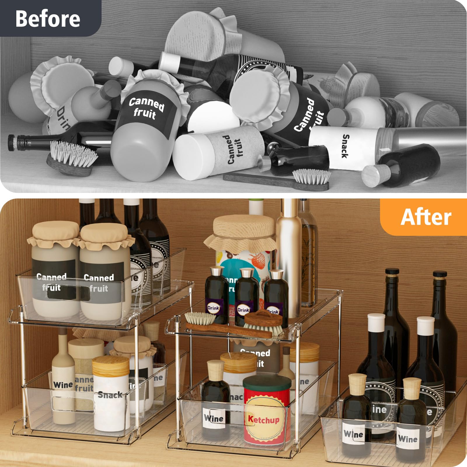 FabSpace 2-Pack 2-Tier Clear Pull-Out Organizers – Modular Drawer Storage with Dividers for Home & Vanity