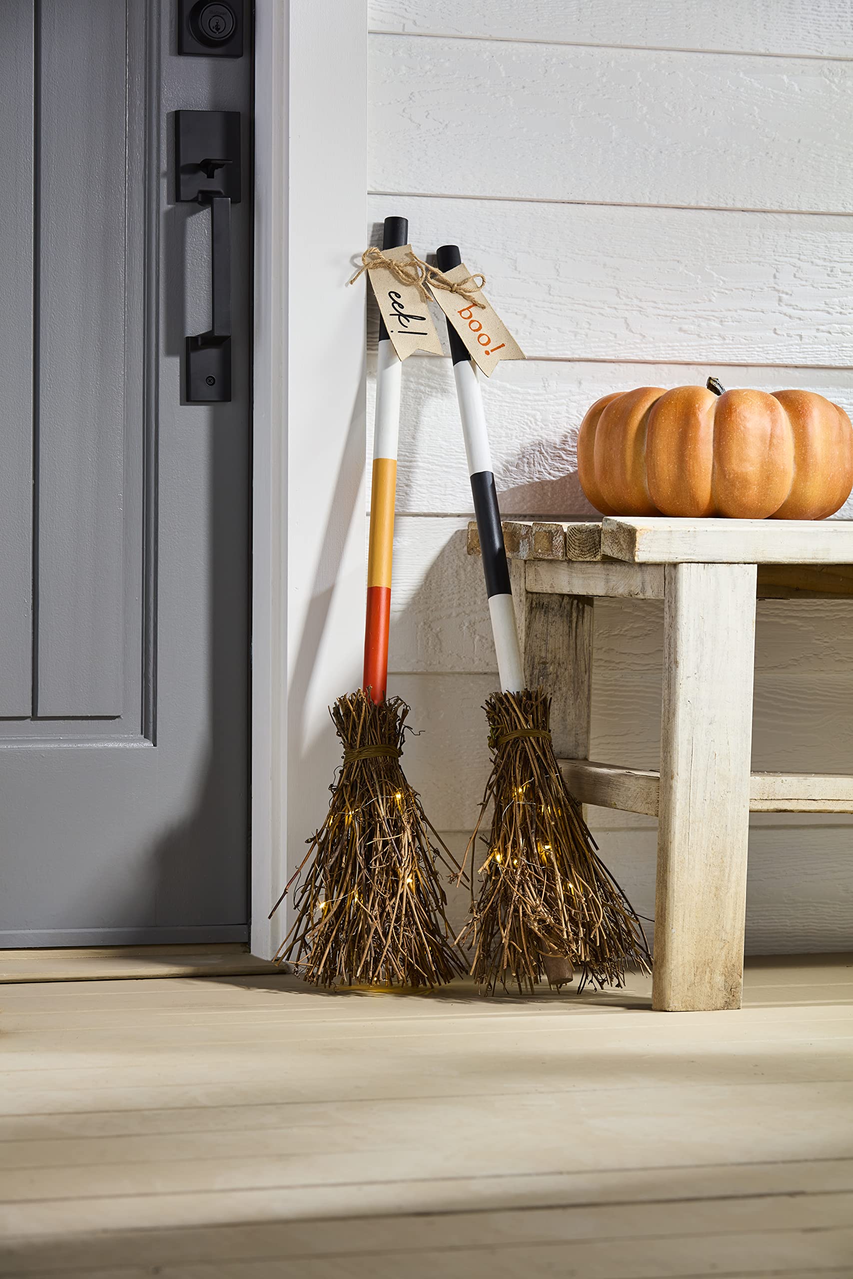 Boo Light Up Broom Decor – 33" LED Halloween Broomstick with “BOO” Canvas Tag & Black-White Striped Design