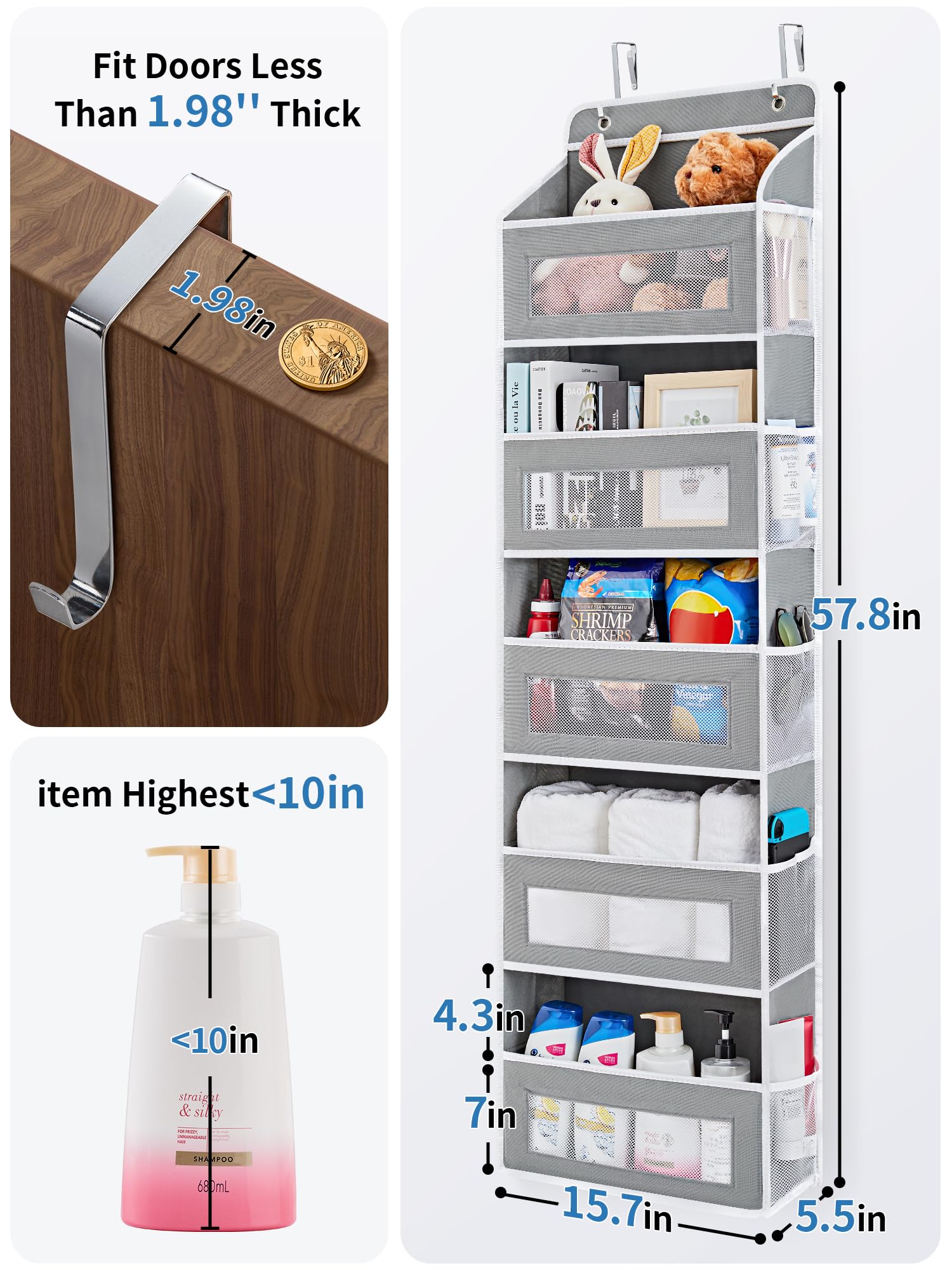 JARLINK Over-The-Door Organizer with 5 Shelves – Heavy-Duty Hanging Storage with Anti-Tilt Design (Grey)