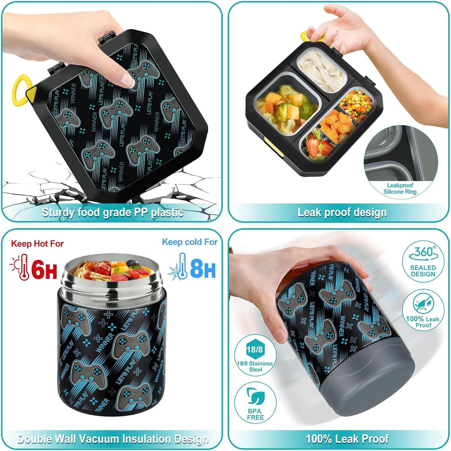 Black Gamepad Bento Lunch Set with 12 oz Food Jar
