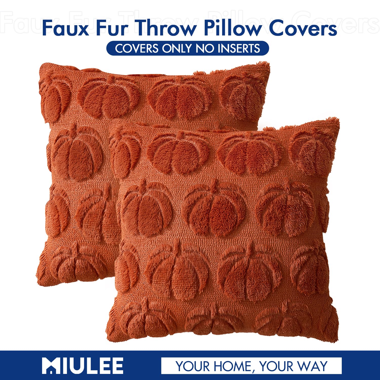 Rust Pumpkin Faux Fur Pillow Covers – Set of 2 Cozy Fall Cushion Cases for Autumn Harvest Home Décor (18x18 Inch)