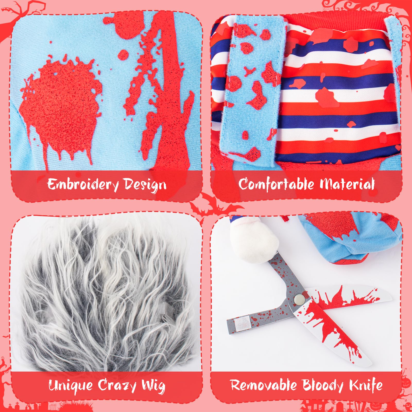 Funny Killer Dog Halloween Costume – Blue Scary Doll Outfit with Bloody Scissors & Wig