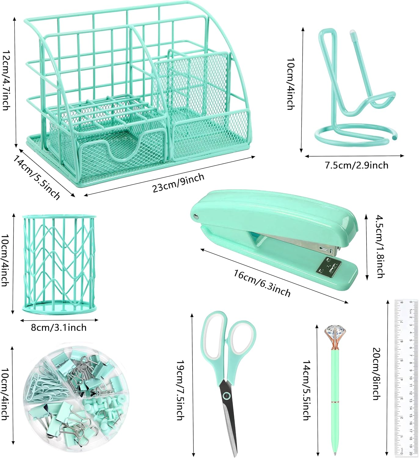 Green Desk Organizer and Office Supplies Set