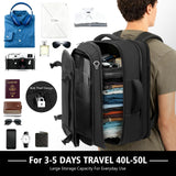 Expandable 40–50L Carry-On Travel Backpack with Lay-Flat Opening & USB Cable Port – Fits 17.3” – Black
