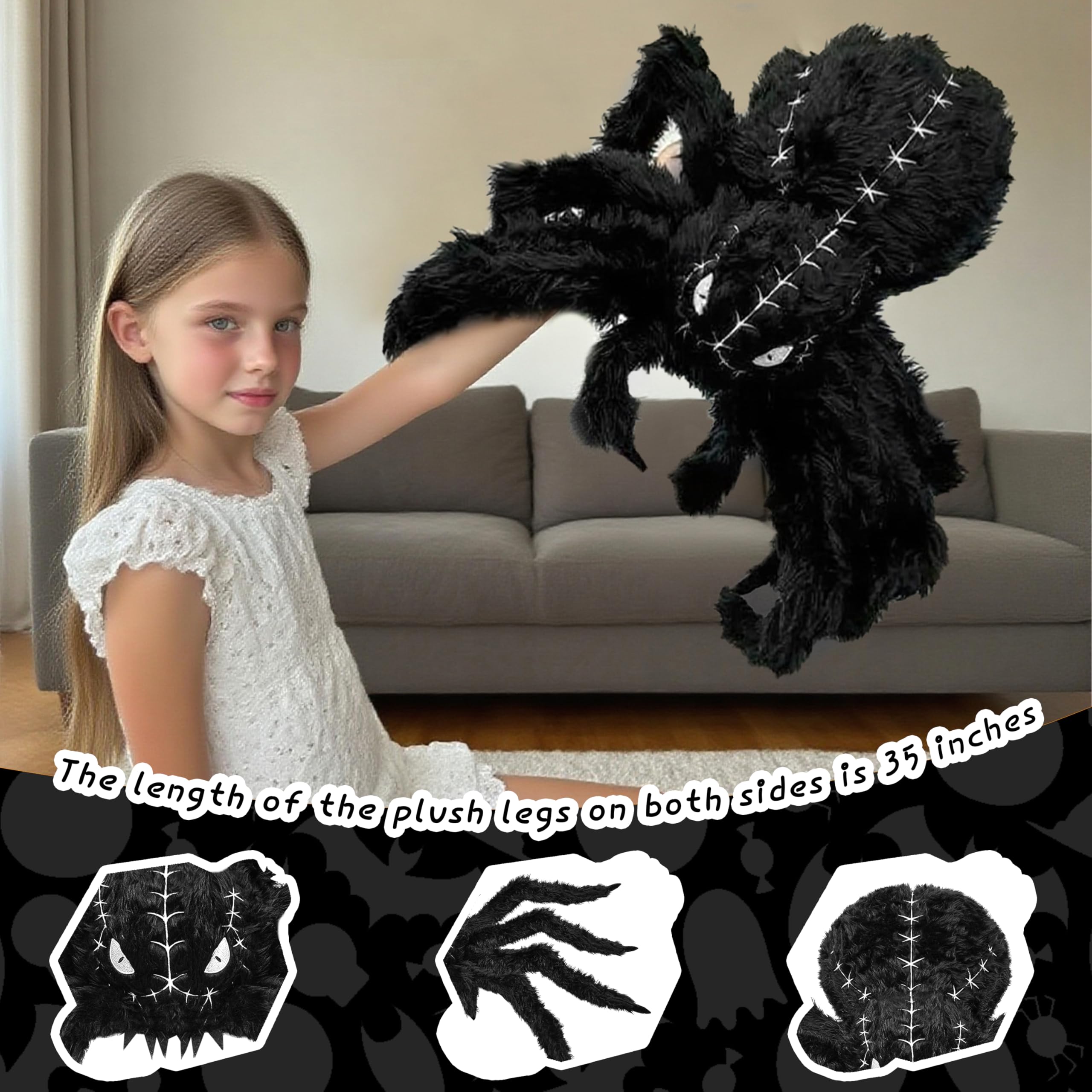 Oversized Black Spider Plush – 34" Halloween Stuffed Decoration with Furry Legs & Embroidered Eyes – Giant Soft Halloween Prop