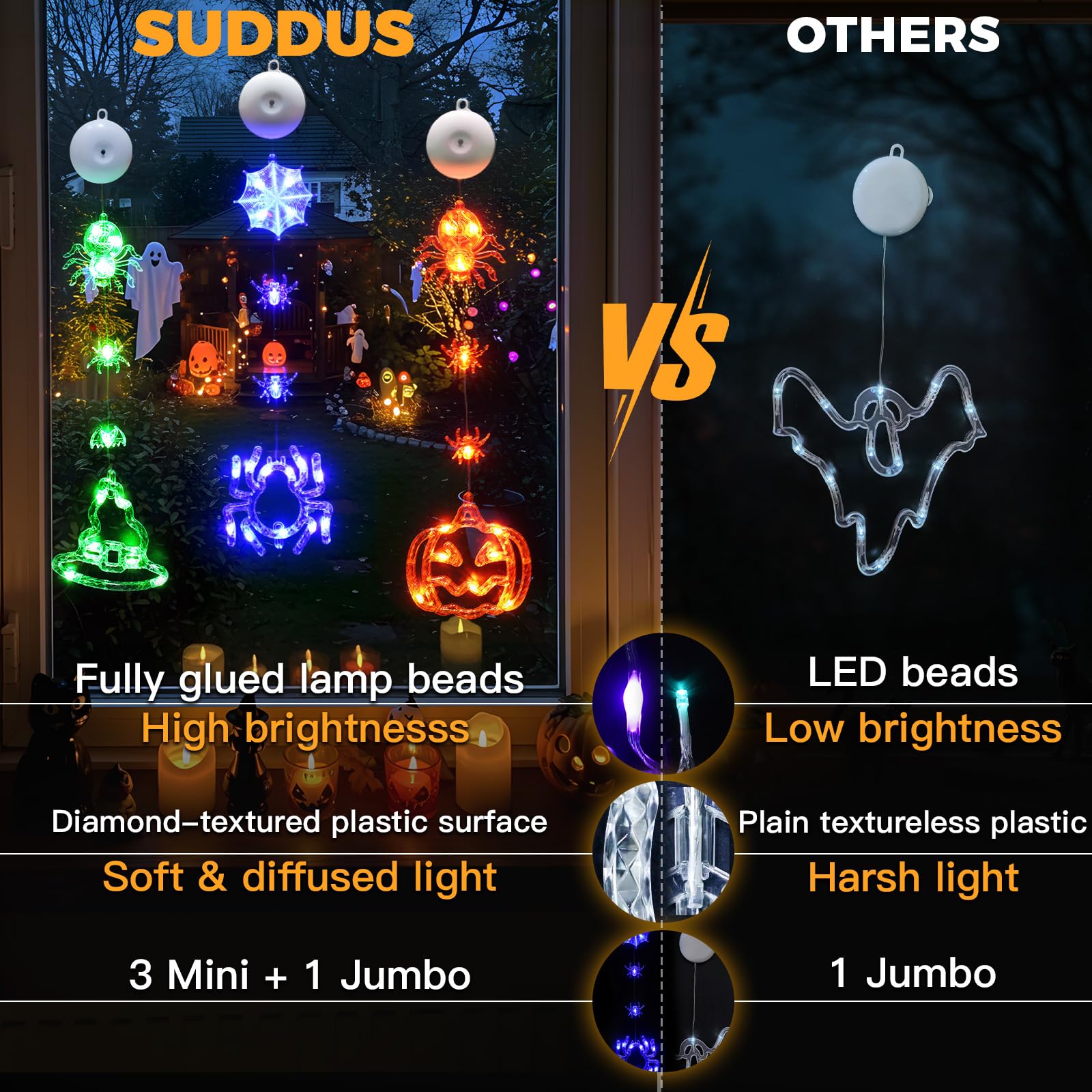 Halloween Window Lights Set – 3 Pack LED Pumpkin, Spider & Witch Hat Decorations with Timer & Flash Modes for Indoor Spooky Glow