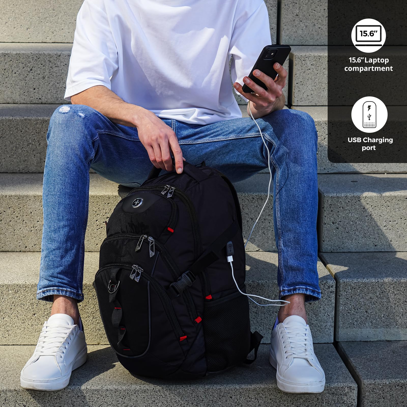 Swissdigital Design Laptop Backpack with USB-C Charging & RFID Protection – 31L Professional Travel & College Backpack (Black)