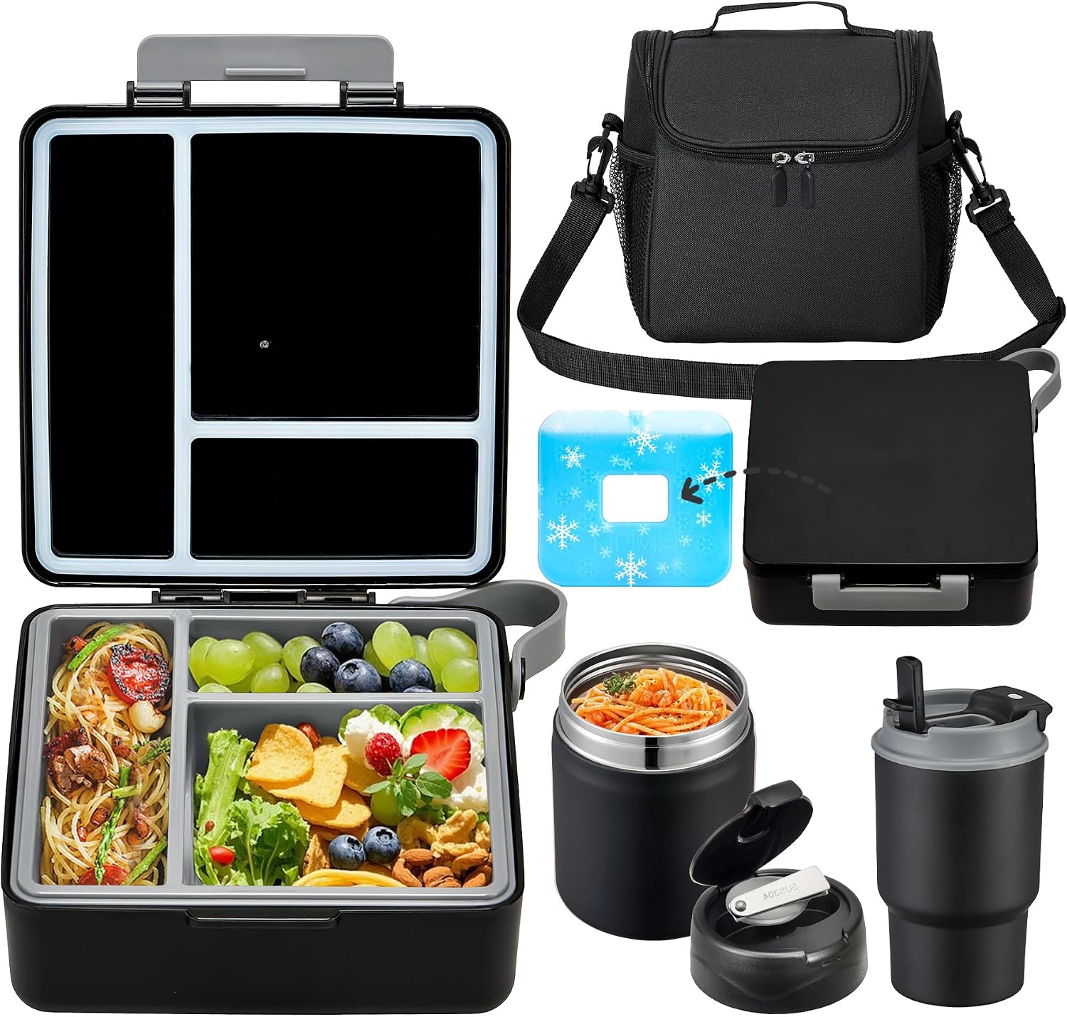 Kids Bento Lunch Box Set with 3 Compartments, 17 oz Food Jar, Insulated Bottle, Lunch Bag and Ice Pack