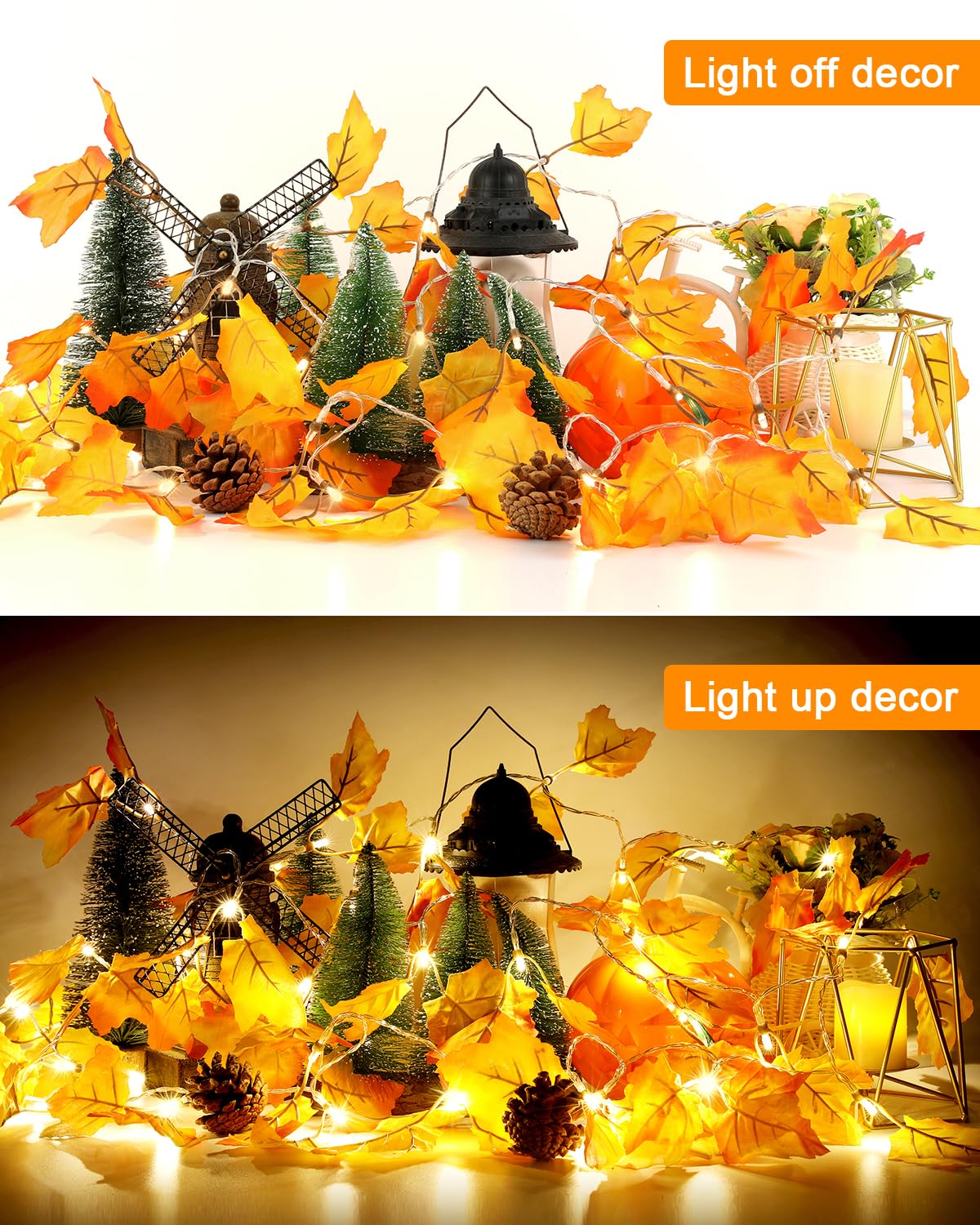 Maple Leaf String Lights – 2 Pack 8.2ft Battery Operated Fall Garland with 40 LEDs & 80 Leaves, Warm Yellow Thanksgiving & Autumn Decor