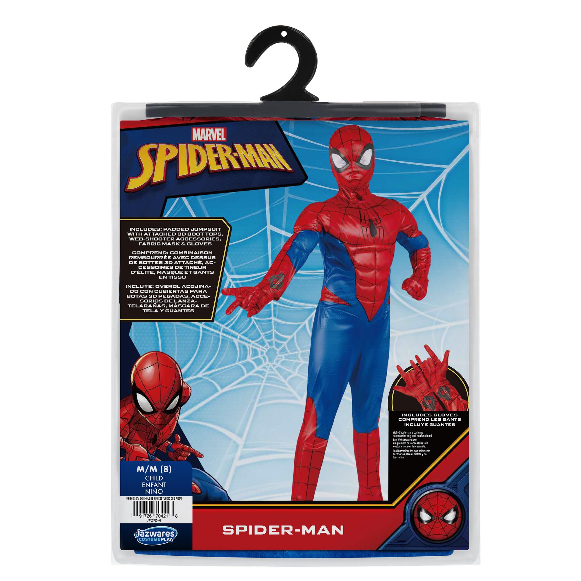 Marvel Spider-Man Youth Deluxe Costume – Padded Jumpsuit with Gloves & Detachable Fabric Mask for Kids