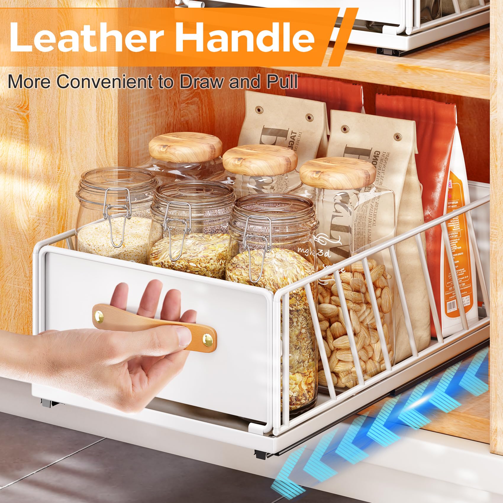 No-Drill Pull-Out Cabinet Organizer – Frameless Cabinets Only, Silent Full-Extension Drawer with Leather Handle (White)