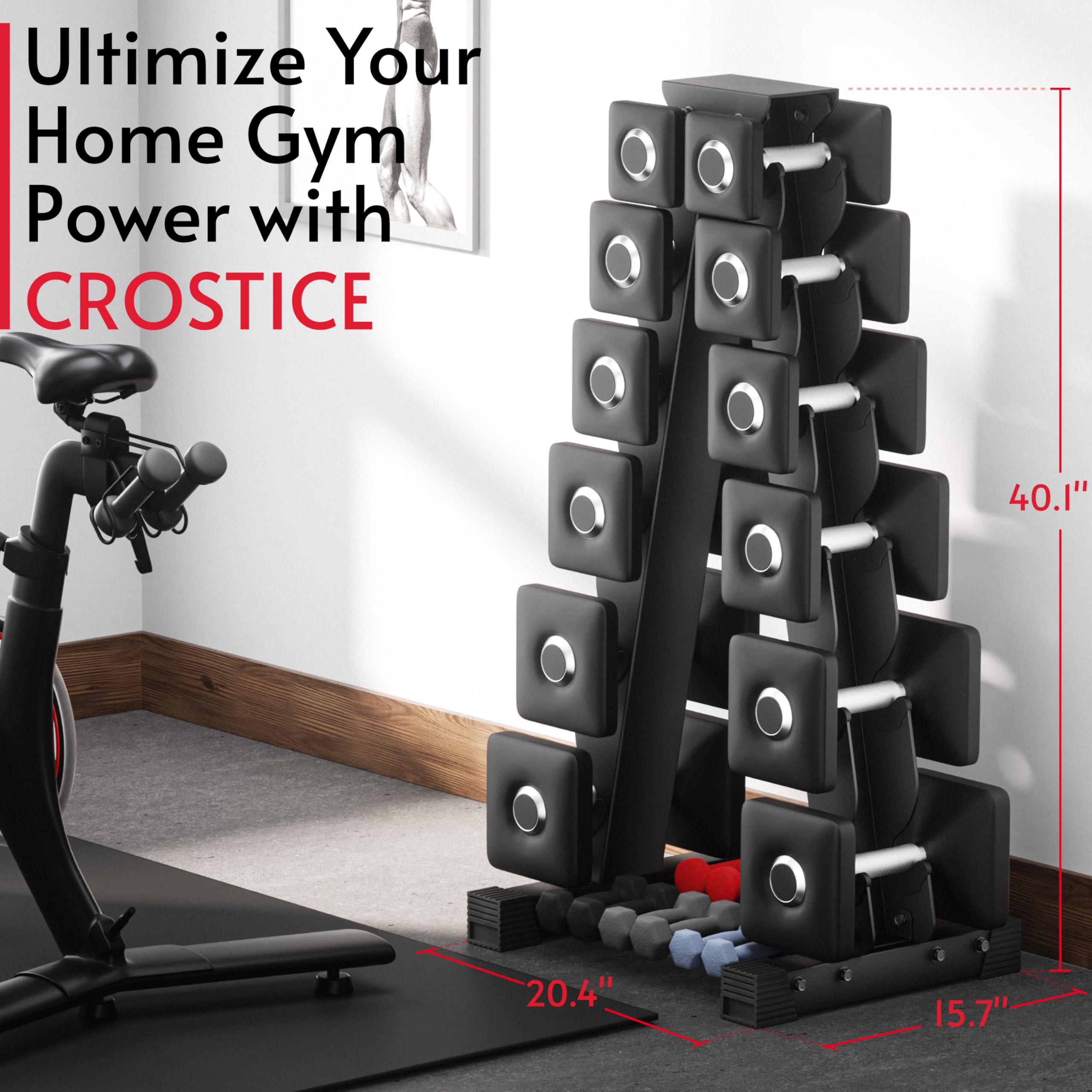 Crostice 6-Tier Dumbbell Rack Stand – Compact Ergonomic Weight Storage for Square Dumbbells & Neoprene Sets (Black)