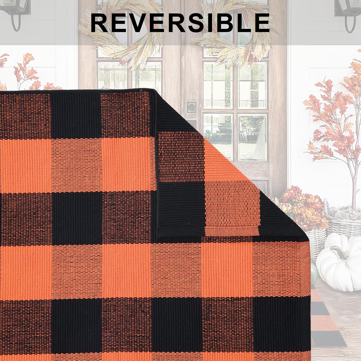 Orange & Black Plaid Cotton Rug – 28x43" Washable Fall Doormat for Porch, Entryway & Halloween Decor