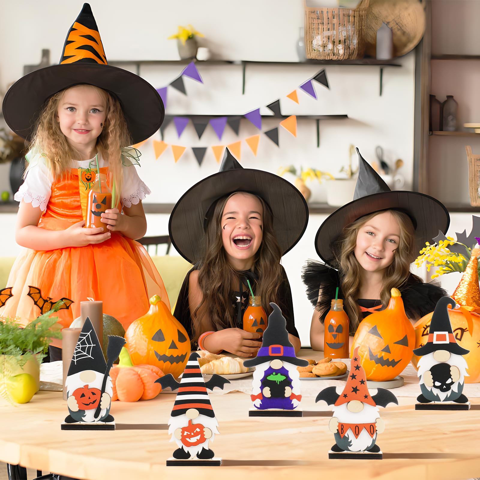 Set of 5 Halloween Gnome Table Decorations – Black, White, Blue & Orange Wooden Figurines for Festive Decor