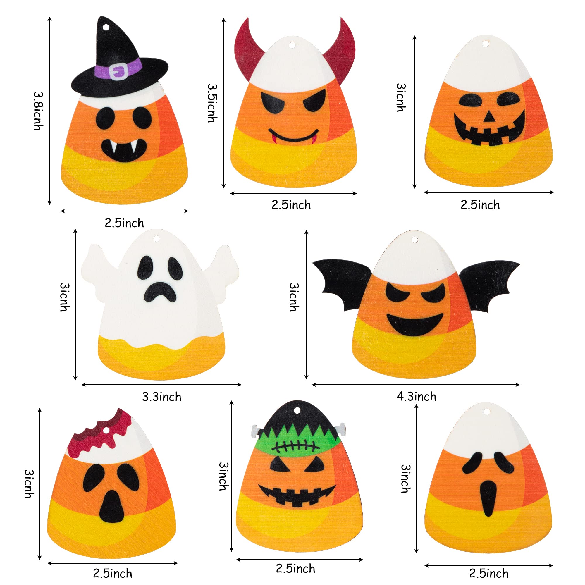 24PCS Halloween Candy Corn Wooden Ornaments – Cute Kawaii Candy Theme Hanging Decorations with Burlap Rope (8 Styles, Orange)