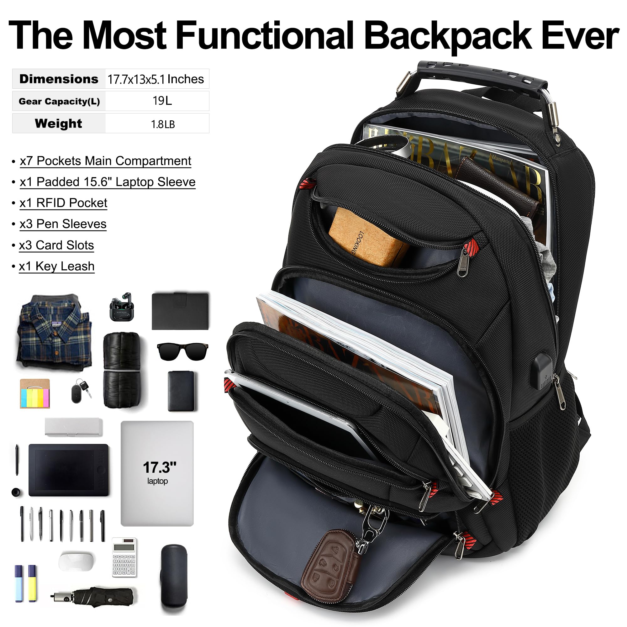 BOAVAN 15.6” Waterproof Laptop Backpack for Work & Travel with USB Port, RFID Pocket – Black