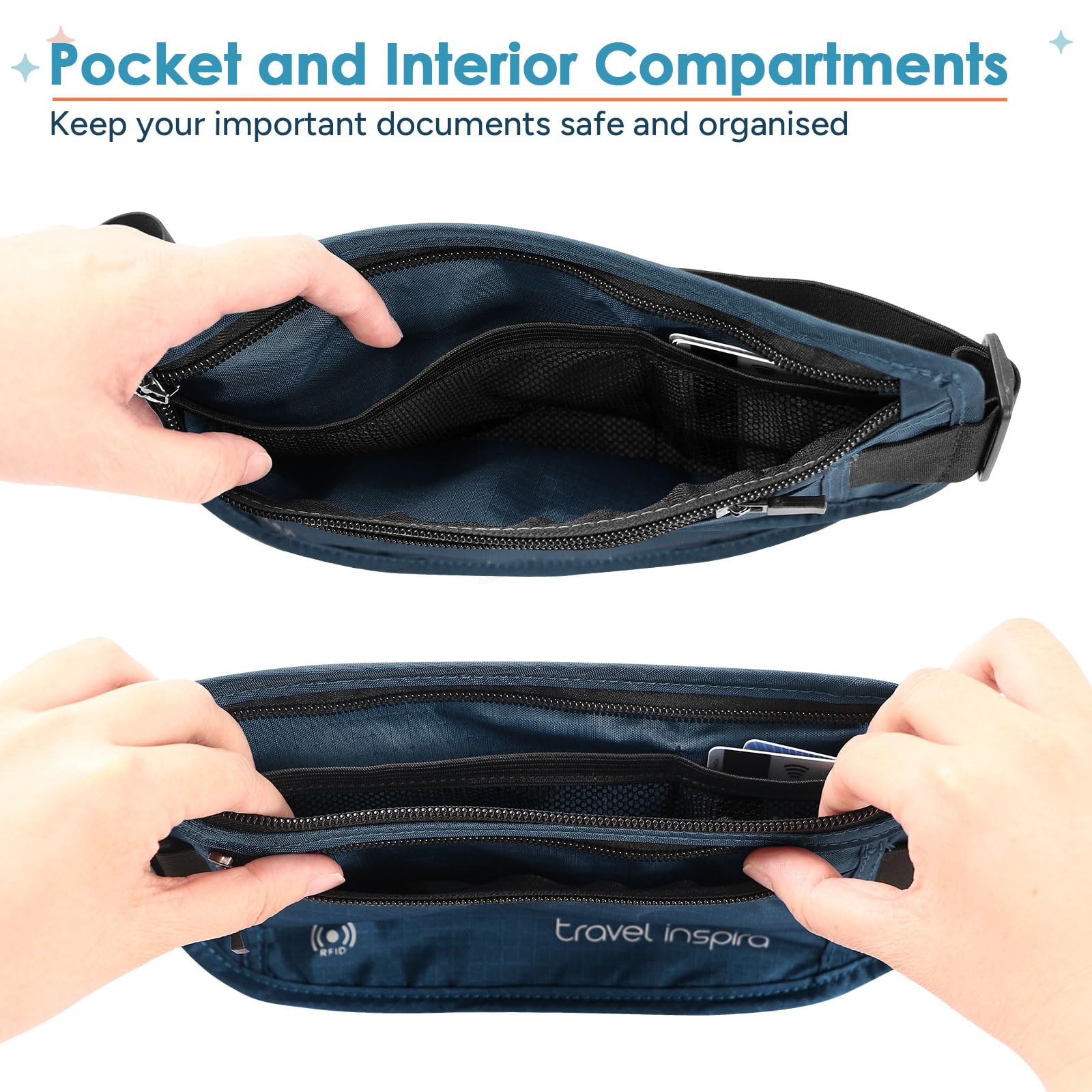 Travel Inspira RFID Anti-Theft Money Belt – Ultra-Slim Hidden Passport & Cash Wallet (Navy Blue)