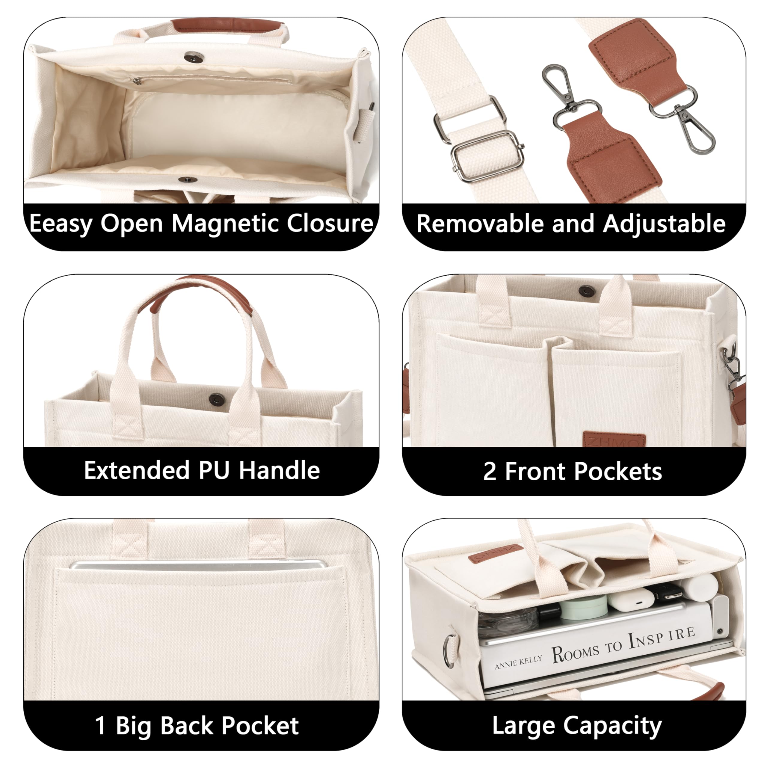 ZHMO Canvas Tote Bag for Women – Large Laptop Work Tote with Compartments, Shoulder & Crossbody Carry (Beige)