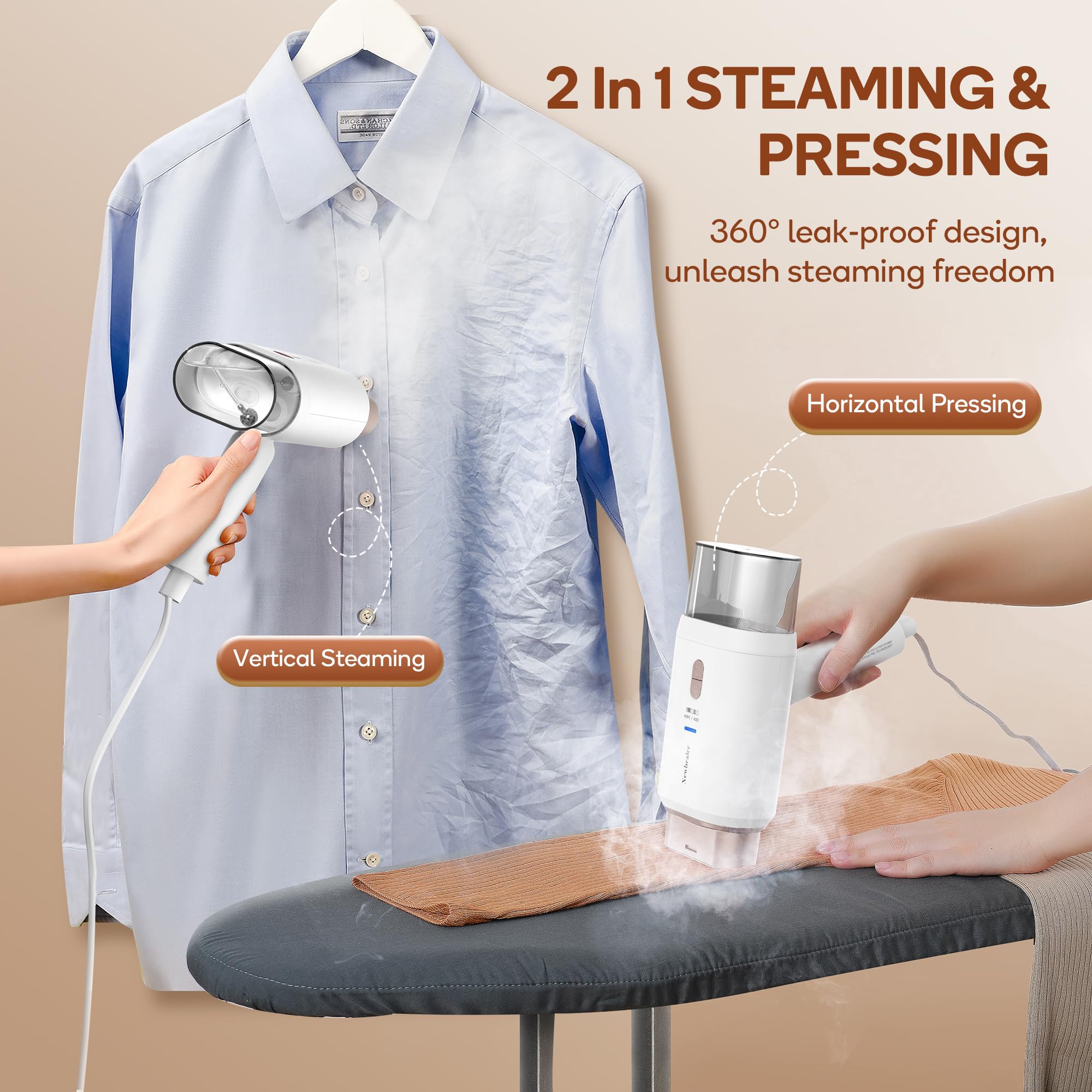 Dual Voltage Professional Handheld Garment Steamer 1200W Foldable Travel Wrinkle Remover with 360° Leak-Proof System