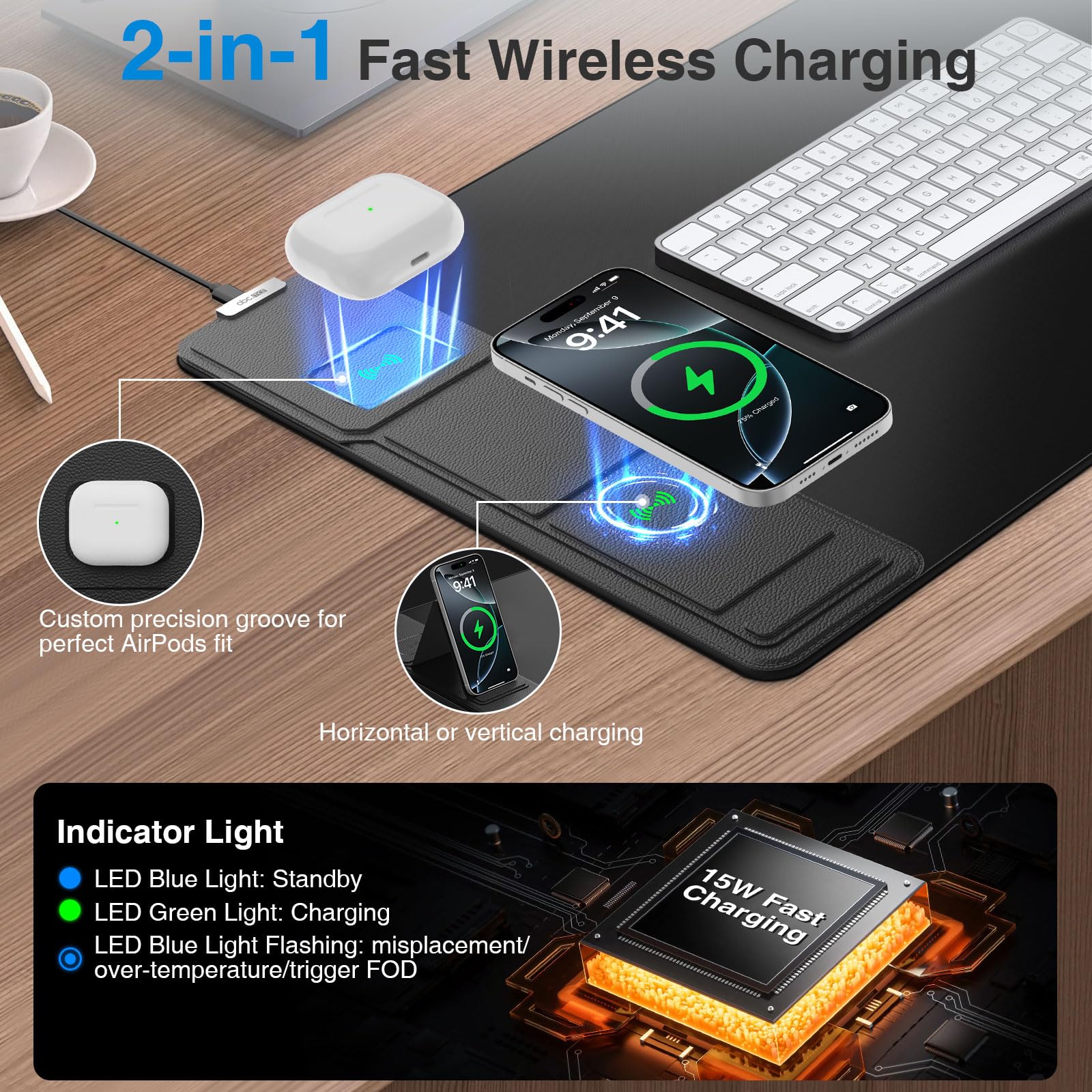 Wireless Charging Mouse Pad 31.5×15.8 Large Desk Mat with 15W Fast Qi Charging Foldable Phone Holder Waterproof Gaming & Office Desk Pad – Black