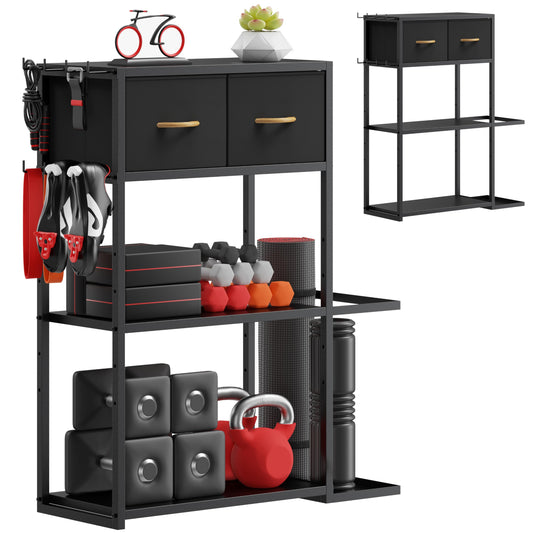 Crostice Home Gym Storage Shelf Stand – Adjustable 4-Tier Weight Rack with Fabric Drawer for Dumbbells & Workout Gear (Black)