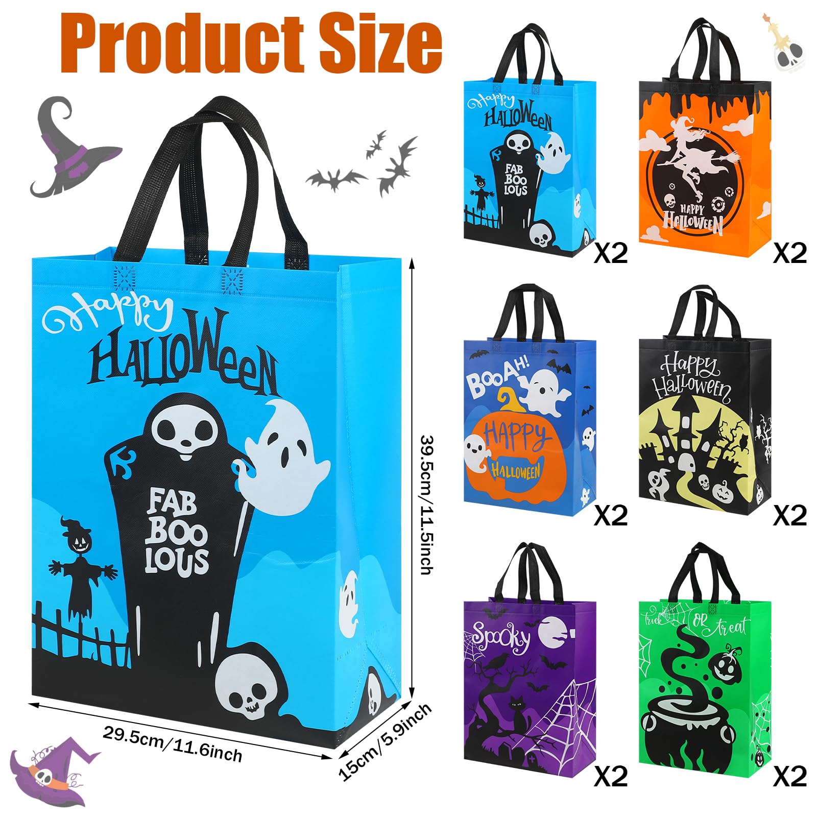 CCINEE 12PCS Halloween Non-Woven Bags with Handle, Large Size Reusable Trick or Treat Tote Bags, 15.7"11.8"5.9"