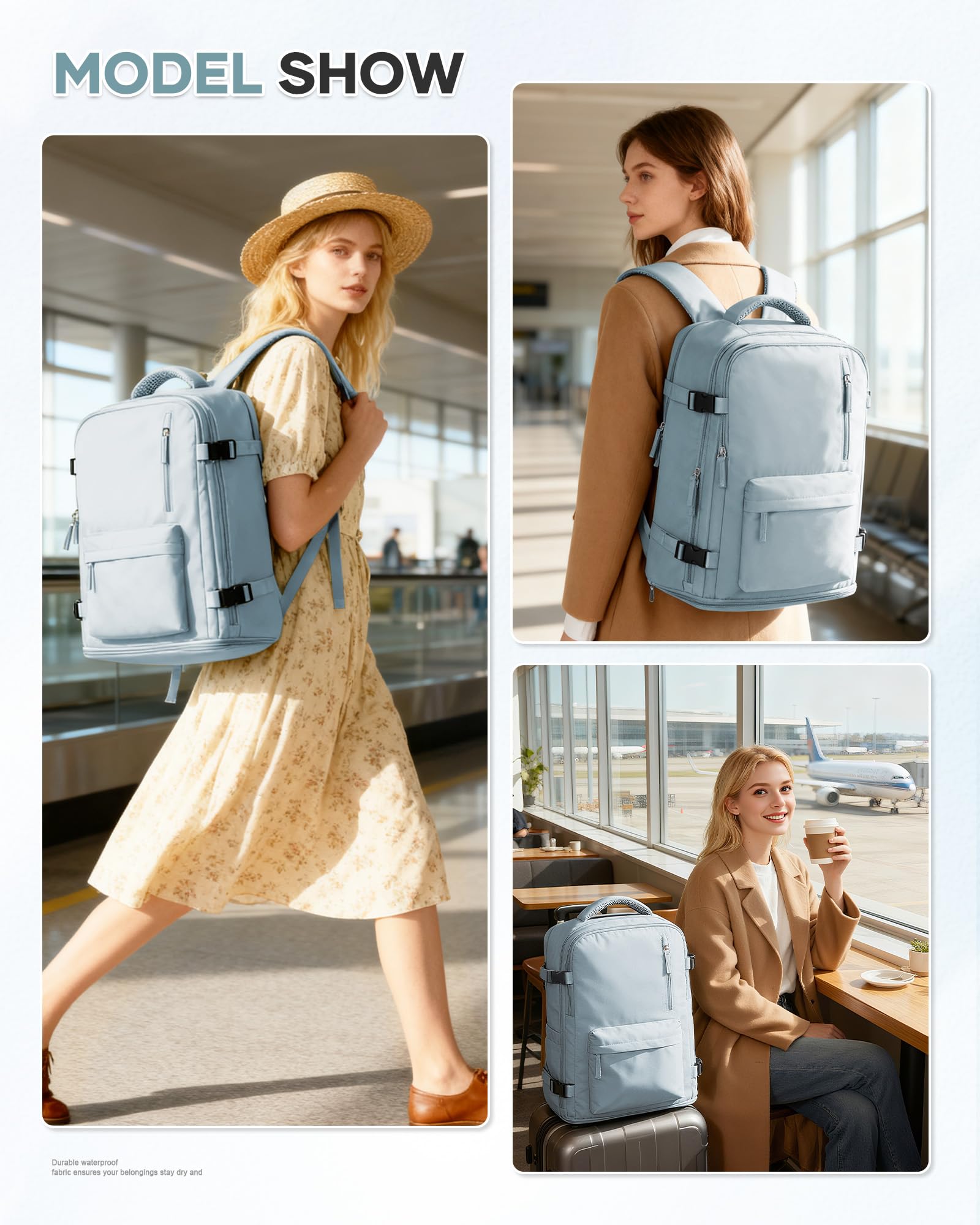 Large Carry-On Travel Backpack with Shoe Compartment & Wet Pocket – Flight Approved – A3 Blue