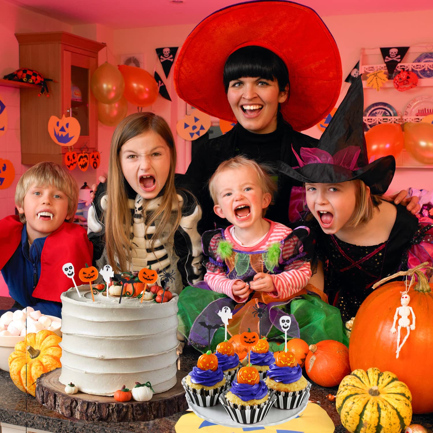 Halloween Cupcake Toppers – 50 Pcs Reusable Party Picks Set (Pumpkin, Ghost, Spider, Bat & Skeleton Designs)