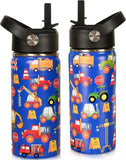 16 oz Kids Insulated Water Bottle with Straw – Leakproof Stainless Steel Gaming School Bottle with Carry Handle