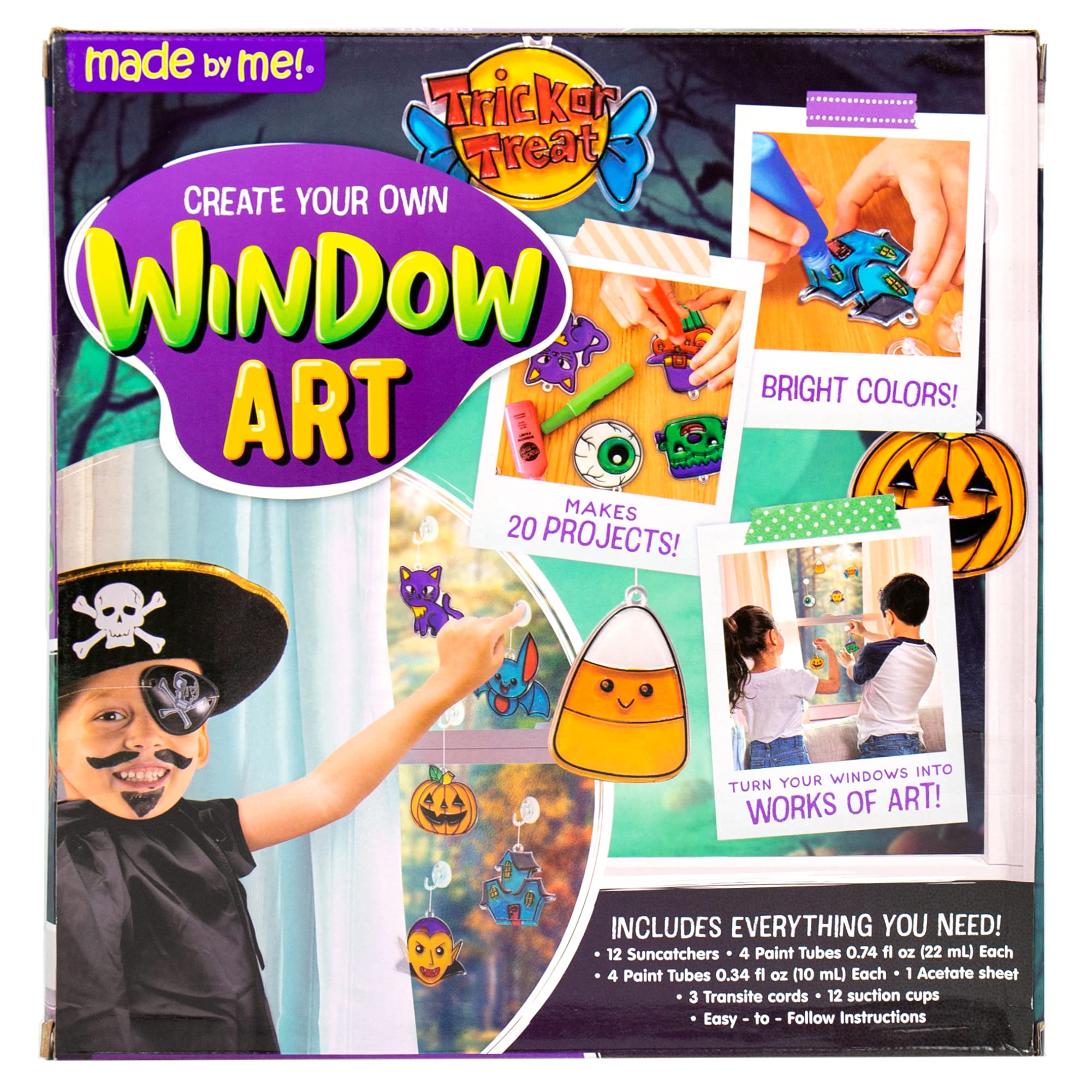Made By Me Create Your Own Halloween Window Art by Horizon Group USA, Make 20 Projects, Includes Suncatcher Frames & Window Clings, Glow-in-The-Dark Paint, Paint Tubes, Suction Cups & Cording,Multi