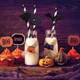 Halloween Paper Straws with Pumpkin, Bat & Witch Card Toppers – 18 Pcs Black/White Party Drinking Straws