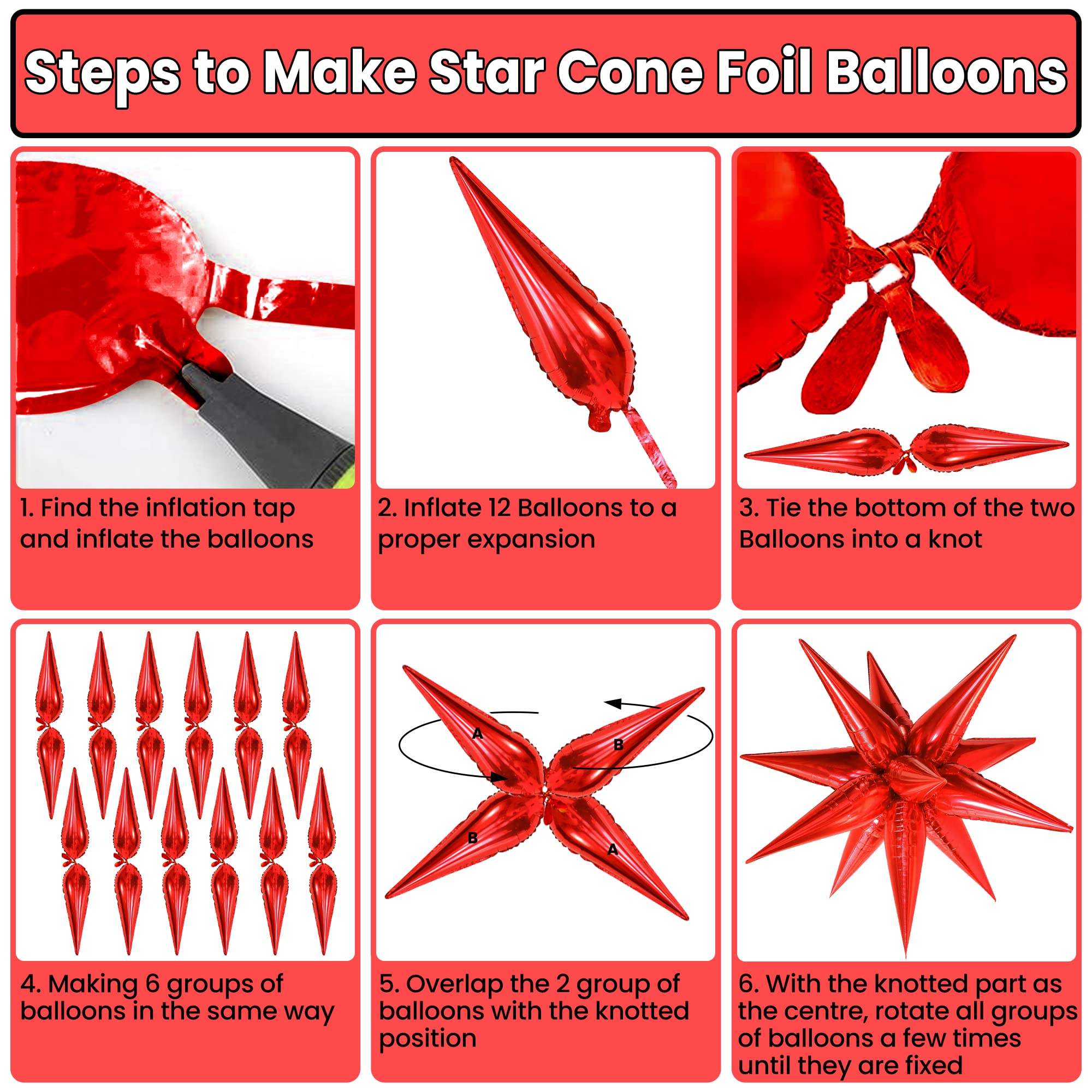 Red Starburst Foil Balloons – 50 Pack (20x6") Metallic Spike Star Balloons for Parties & Events