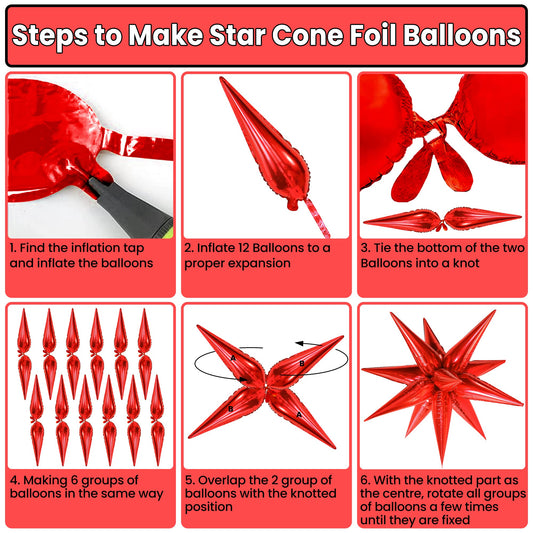 Red Starburst Foil Balloons – 50 Pack (20x6") Metallic Spike Star Balloons for Parties & Events