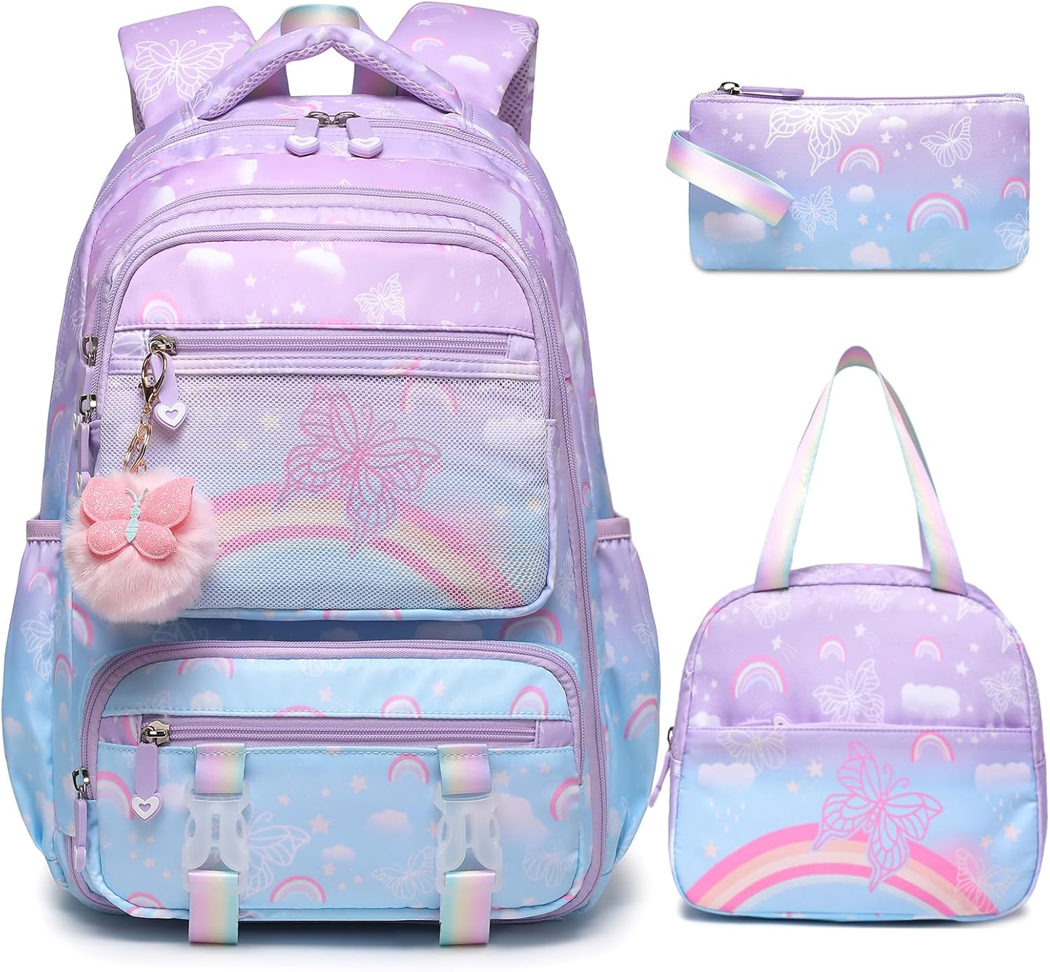 Rainbow Butterfly Backpack for Girls with Lunch Bag & Pencil Case Set, Kids School Backpack for Kindergarten, Elementary & Middle School Students