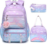 Rainbow Butterfly Backpack for Girls with Lunch Bag & Pencil Case Set, Kids School Backpack for Kindergarten, Elementary & Middle School Students