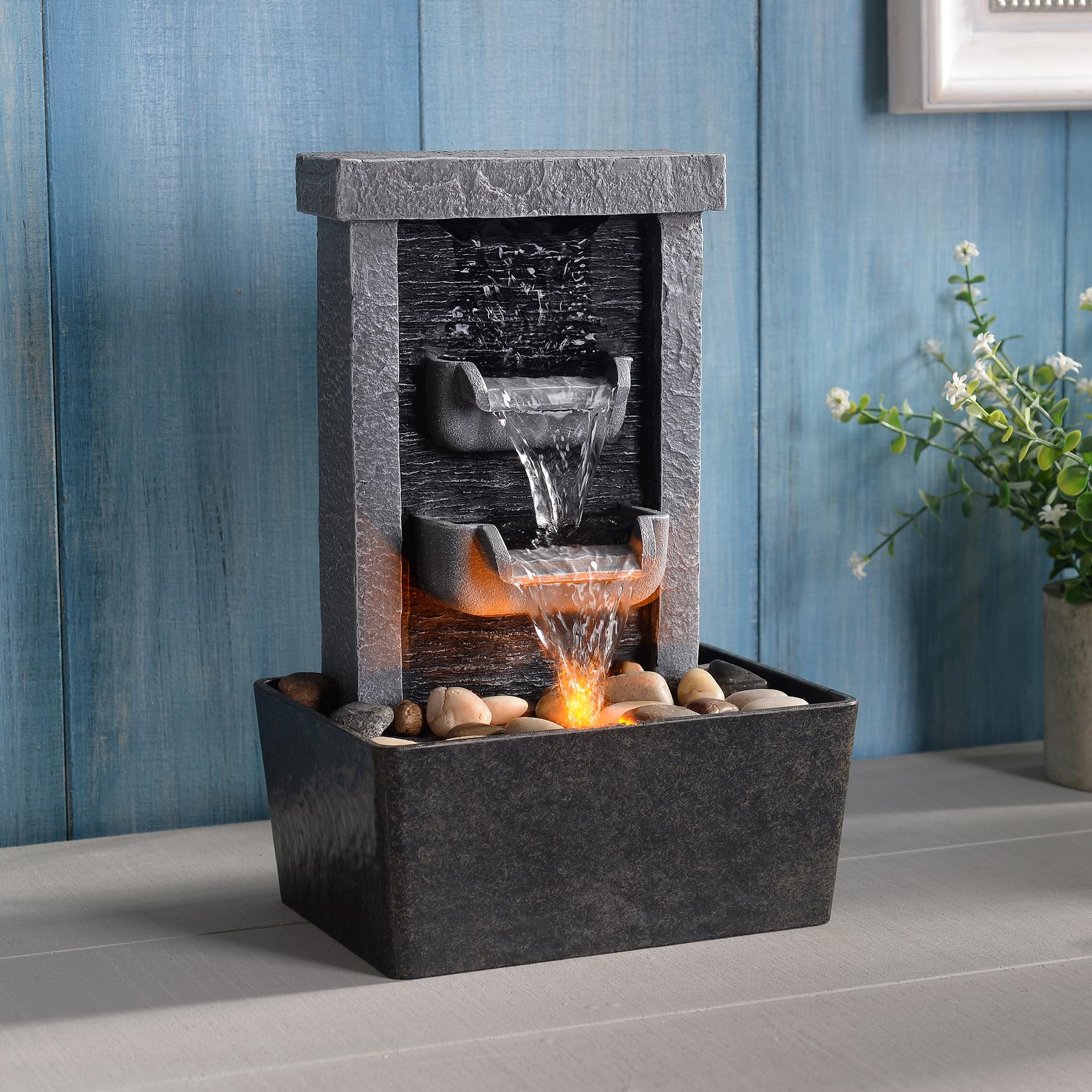Yellow LED Tabletop Waterfall Fountain – Resin Indoor Desktop Zen Water Feature (110V US Plug)