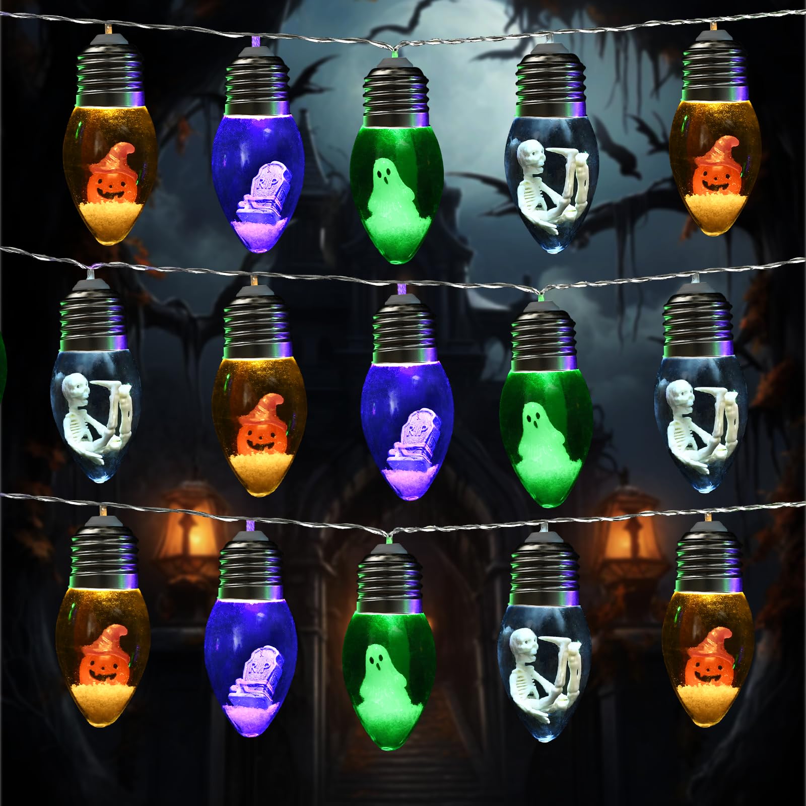 Colorful Halloween String Lights – 2 Pack 16.4FT Battery Operated LED Lights with Pumpkins, Skulls & Tombstones (8 Modes + Remote Control)