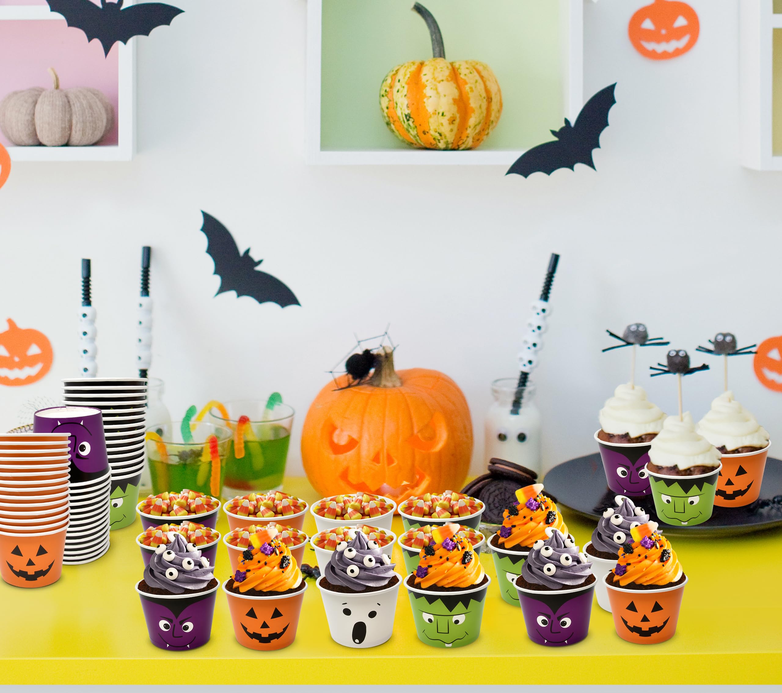 Halloween Snack Cups – 60 Pack Dessert Treat Cups with Pumpkin, Ghost, Frankenstein & Vampire Designs (10oz, Multicolor)